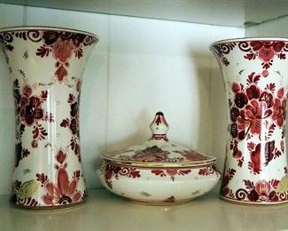 Regina Delfts Rood Dutch Porcelain 7" Vases Qty 2, And Lidded Vanity Jar