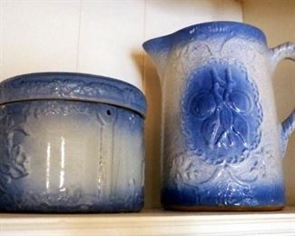Antique Glazed Pottery Lidded Crock And 8" Pitcher