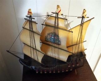 Wood Model Mayflower Ship Lamp Made In Holland , Powers On, 12" x 13", Framed American Naval Senses Print, The Sarapi And Bon Homme Richard 10.5" x 13"