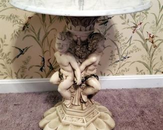 Marble Topped Cast Figural Pedestal Table, 17" x 15" Diameter