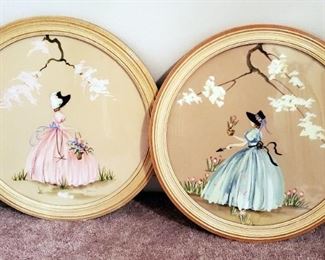 Vintage Hand Painted On Board Ladys In Garden, Signed By Artist, 16" Diameter, Qty 2
