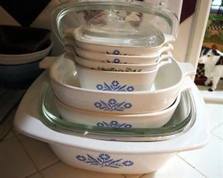 Vintage Pyrex Corn Flower Blue Corningware, Glass Mixing Bowls, Casserole Dishes And More