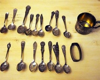 Sterling Silver Souvenier Spoons, Qty 14, Cup, And Napkin Ring Holder