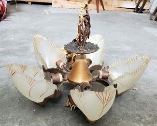 Antique Art Deco 5 Light Chandelier With Glass Shades