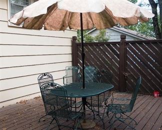 Metal Patio Table, 29" x 60" x 38", With Matching Spring Chairs, Qty 4, And Umbrella