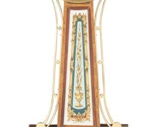 1008
An American Banjo Clock
Late 19th/early 20th Century
Unsigned
White metal painted dial, black Arabic numeral hour markers and minute track, single train weight-driven brass movement, and painted glass tablets with white and gilt scroll and floral decorations enclosed in a mahogany case with satin wood inlay and brass bezel
30.25" H x 10" W x 3.5" D
Estimate: $600 - $800
