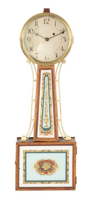 1008
An American Banjo Clock
Late 19th/early 20th Century
Unsigned
White metal painted dial, black Arabic numeral hour markers and minute track, single train weight-driven brass movement, and painted glass tablets with white and gilt scroll and floral decorations enclosed in a mahogany case with satin wood inlay and brass bezel
30.25" H x 10" W x 3.5" D
Estimate: $600 - $800