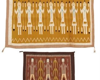 1016
Two Navajo Yei Weavings
20th Century
Each woven in polychrome wool, one depicting seven standing Yei on a yellow field and one depicting three standing Yei with corn on a sienna field, 2 pieces
Larger: 33.5" H x 44.75" W; Smaller: 21" H x 25.25" W
Estimate: $400 - $600