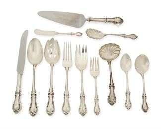 1018
An International "Joan Of Arc" Sterling Silver Flatware Service
Circa 1994
Each marked for International Sterling
Designed 1940 by Alfred G. Kintz, comprising 11 hollow-handled New French dinner knives (9.625"), 1 hollow-handled New French place knife (9.375"), 12 butter spreaders (5.75"), 12 place forks (7.75"), 12 salad forks (6.125"), 12 teaspoons (6"), 12 round bowl soup spoons (6"), 1 sugar shell spoon (6.125"), 1 gravy shell ladle (6.5"), 3 serving/tablespoons (8.25"), 1 pierced serving/tablespoon (8.25"), 1 cold meat serving fork (7.625"), and 2 hollow-handled cake servers 10"), 81 pieces
Weighable sterling: 85.02 oz. troy approximately
Estimate: $1,500 - $2,000
