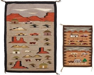 1017
Two Navajo Pictorial Weavings
20th Century
Each woven in polychrome wool, one depicting a desert landscape with cars and cows and one depicting a holiday desert landscape with houses, cars, figures, and a holiday tree, 2 pieces
Larger: 26.5" L x 32" W; Smaller: 28" L x 19" W
Estimate: $300 - $500