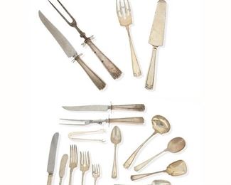 1020
A Gorham "Etruscan" Sterling Silver Flatware Service
Circa 1913-1991
Each marked for Gorham and sterling
Designed 1913 by William C. Codman, comprising 10 hollow-handled place knives (8.375"), 5 butter spreaders (5.75"), 5 place forks (7"), 6 salad forks (6.25"), 4 ramekin forks (4.75"), 12 teaspoons (5.75"), 4 round bowl cream soup spoons (6.25"), 4 round bowl bouillon spoons (5.25"), 1 sugar spoon (5.875"), 1 gravy ladle (7"), 1 medium cold meat serving fork (8.625"), 1 sugar tongs (4.25"), 1 hollow-handled pie/cake server (10"), 1 hollow-handled steak carving fork (9.5"), 1 hollow-handled steak carving knife (9.75"), 1 hollow-handled roast carving fork (11"), 1 hollow-handled roast carving knife (11.125"), 1 hollow-handled cake/meat carving knife (14"), and1 hollow-handled steel sharpener, 61 pieces
Weighable sterling: 41.48 oz. troy approximately
Estimate: $800 - $1,200