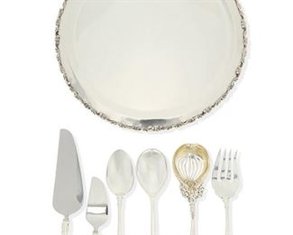 1021
A Group Of Sterling Silver Serving Items
20th Century
Each marked for sterling with various maker's marks
Comprising two solid serving spoons, one pierced serving spoon, one serving fork, two hollow-handled pie servers, and one hollow-handled cheese server, makers include Reed and Barton and Anton Michelsen, 8 pieces
Tray: .5" H x 13" Dia.; Largest piece: 10.5" L
Weighable sterling: 35.46 oz. troy approximately
Estimate: $500 - $700