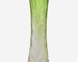 1028
An American Cut Glass Vase
20th Century
The cut glass vase with a tapered cylindrical body of green faded to clear glass with iris motif
15.75" H x 4.625" Dia.
Estimate: $200 - $400