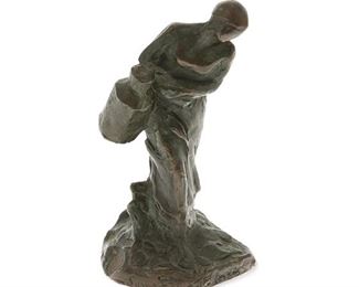 1032
Aimé-Jules Dalou
1838-1902, French
"Milk Carrier"
Patinated bronze
Signed: Dalou; with foundry mark for Susse Freres and further marked: France / cire perdue
4.5" H x 2.25" W x 2.25" D
Estimate: $800 - $1,200