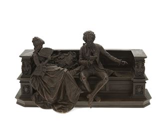 1034
Antonio Pandiani
1838-1928, Italian
Courting Figures On A Bench
Patinated bronze
Signed: A. Padiani Milano
10" H x 18.75" W x 6.5" D
Estimate: $400 - $600