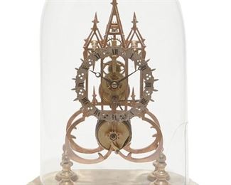 1039
An English Skeleton Clock
Mid-19th Century
Silvered Gothic dial with black Roman numeral hour markers with Gothic-style chain and fusee single train movement, anchor escapement, on marble plinth, and replaced glass dome
17.25" H x 12.75" W x 7.75" D
Estimate: $600 - $800