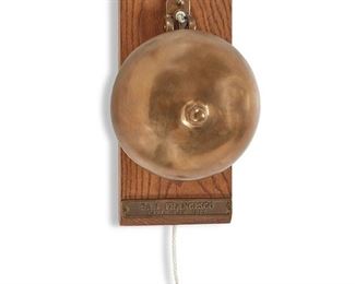1044
A San Francisco Cable Car Bell
Late 19th/early 20th Century
The brass cable car bell on a wood wall mount
Overall: 18.5" H x 9.5" W x 11" D
Estimate: $300 - $500