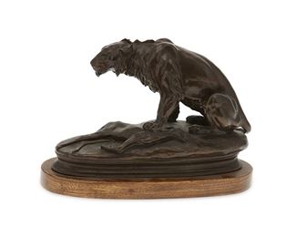 1080
Eli Harvey
1860-1957, American
Lioness With Kill, 1904
Patinated bronze on wood base
Signed and dated: Copyright 1904 by / Eli Harvey; signed again verso
6" H x 9.25" W x 3.25" D
Estimate: $700 - $900
