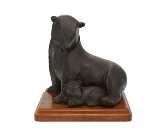 1083
Wah Ming Chang
1917-2003, Chinese/American
"Bear With Cub"
Patinated bronze on wood base
Edition 8/50; signed: Wah Chang; further numbered and titled to a label affixed to underside
12" H x 12" W x 9" D
Estimate: $300 - $500