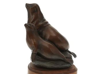 1085
Anna Sayre
20th-21st Century
"Sea Lions," 1988
Patinated bronze on wood base
Edition 2/50; signed and dated: a.S. / 88
7.5" H x 6.5" W x 5.75" D
Estimate: $200 - $300