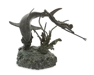 1086
Joan Crum
20th-21st Century, American
"Hunters"
Patinated bronze
Edition 11/500; signed: Joan Crum [copyright symbol]; titled to sculpture
4.125" H x 5.75" W x 4.75" D
Estimate: $200 - $300