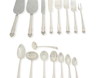 1088
A Lunt "English Shell" Sterling Silver Flatware Service
Circa 1937-1997
Each marked for Lunt and sterling
Designed 1937 by Frederick W. Koonz, comprising 12 hollow-handled New French place knives (9"), 1 master butter knife (7.125"), 12 place forks (7.25"), 24 salad forks (6.25"), 12 cocktail forks (5.75"), 2 old style pickle forks (5.5"), 21 teaspoons (5.875"), 12 demitasse spoons (4.5"), 12 round bowl soup spoons (6.25"), 1 sugar spoon (5.875"), 5 serving/tablespoons (8.25"), 1 serving fork (7.34"), 1 cream ladle (5.375"), 1 gravy ladle (6.25"), 1 sugar tongs (4.125"), 1 hollow-handled pie and cake server (10.25"), and 1 pie server (9.875"), accompanied by 6 alternately patterned teaspoons (5.375") and 1 sugar tongs (3.875"), 127 pieces
Weighable sterling: 107.805 oz. troy approximately
Estimate: $800 - $1,000