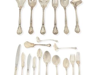 1087
A Gorham "Chantilly" Sterling Silver Flatware Service
Late 19th/20th Century
Each marked for Gorham and sterling
Designed 1895 by William C. Codman, comprising 12 hollow-handled Modern place knives (8.875"), 1 hollow-handled fish knife (6.625"), 1 master butter knife (6.75"), 13 butter spreaders (5.875"), 10 place forks (7"), 10 salad forks (6.375"), 23 teaspoons (5.75"), 6 iced tea spoons (7.5"), 10 round bowl cream soup spoons (6.25"), 10 oval dessert/soup spoons (7"), 1 sugar shell spoon (6"), 1 gravy ladle (6.75"), 1 cream ladle (5.25"), 1 mayonnaise ladle (5.125"), 2 serving/tablespoons (8.375"), 1 pierced serving/tablespoon (8.375"), 1 solid salad serving spoon (8.75"), 1 pierced salad serving fork (8.75"), 1 serving fork (8.375"), and 1 small tomato server (6.125"), 107 pieces
Weighable sterling: 113.29 oz. troy approximately
Estimate: $800 - $1,200