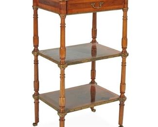 1093
A French Marquetry Lamp Table
First-quarter 20th Century
The brass-mounted lamp table with rectangular top and pierced gallery centering musical marquetry motifs atop one long drawer over two conformingly designed undershelves raised on pole legs with castors
32.5" H x 18.75" W x 14.25" D
Estimate: $500 - $700