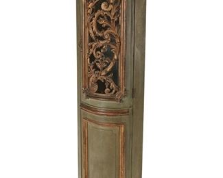 1095
A Continental Corner Cabinet
First-quarter 20th Century
The green painted wood cabinet with upper compartment enclosed by a carved giltwood door with openwork rocaille motifs concealing a mirrored and lighted interior, electrified
75.25" H x 25" W x 19" D
Estimate: $400 - $600