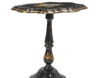 1097
A Papier-Mâché Tilt-Top Table
Mid-19th Century
The black lacquered table centering a painted architectural scene with mother-of-pearl inlay and gilt highlights raised on a pedestal base
28.5" H x 27.5" W x 23" D
Estimate: $300 - $500