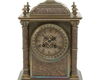1101
A French Brass Mantel Clock
Fourth-quarter 19th Century
Dial signed: J. Muirhead & Sons / Paris; Movement signed: Japy Freres et Cie. / Med. d'Honneur / A 251 / 5 8
The gilt-metal dial with black Roman numeral hour markers, outer minute track, and original two train movement enclosed in a glazed bezel and set in an engraved architectural brass case
14.5" H x 8.75" W x 4.75" D
Estimate: $600 - $800