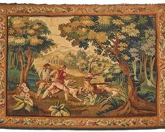 1105
A Continental Woven Tapestry
19th Century
The wool tapestry woven with a polychrome hunting scene
56" H x 66" W
Estimate: $600 - $800