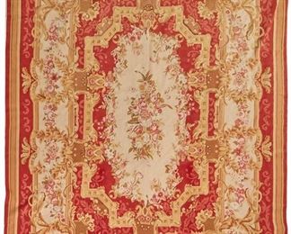 1106
A French Floral Tapestry
20th Century
The wool tapestry woven with polychrome floral motifs on a red, gold, and cream field centering a floral spray
118" L x 94" W
Estimate: $600 - $800