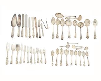 1109
A Large Group Of Sterling Silver Flatware
19th/20th Century
Most marked for sterling, with various makers marks
Each variously patterned and comprising various forms of spoons, forks, knives, and serving pieces, makers include Gorham, Whiting, Westmoreland, and more, 207 pieces
Larger: 10" L; Smaller: 4.375" L
Weighable sterling: 190.851 oz. troy approximately
Estimate: $2,000 - $3,000