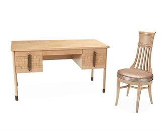 1114
A Contemporary Knee Hole Desk And Chair
Circa 1960
Branded to interior drawer: Johnson Furniture Co.
The white wash desk centering one long drawer flanked by one small drawer and two large drawers with bond patterning raised on four straight legs, accompanied by a conformingly designed chair with a pink upholstered cushion, 2 pieces
Desk: 29.125" H x 54" W x 26" D; Chair: 28.5" H x 18.5" W x 21" D
Estimate: $400 - $600