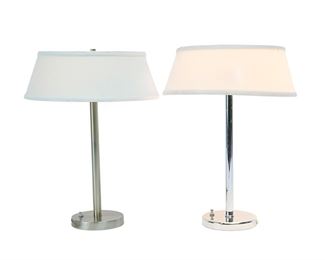 1117
A Near-Pair Of Contemporary Chrome Table Lamps With White Shades
Fourth-quarter 20th Century
One stamped to bottom: Nessen Studio LLC / NYC
Each short-shaded two light lamp raised on a metal base, one brushed and one polished chrome, electrified
Each overall: 18.5" H x 13.75" Dia. approximately
Estimate: $200 - $300
