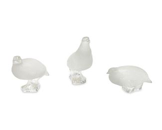 1120
Three Lalique Crystal "Perdrix" Partridges
Circa 1945-1977
Each signed: Lalique France
Each frosted and clear crystal, comprising a "Perdrix," a "Perdrix Couchee," and a "Pedrix Debout," 3 pieces
Larger: 6.75" H x 3.25" W x 5.75" D
Estimate: $200 - $400