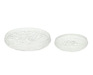 1128
Two "Lunaria" Glass Bowls By Tapio Wirkkala For Iittala Of Finland
Circa 1960s-70s
One with factory label
Each with ice-motif texture, comprising a large footed dish (3.25" H x 15.5" Dia.) and a small footed dish (2.75" H x 11" Dia.), 2 pieces
Estimate: $400 - $600