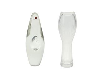 1131
Two Art Glass Vases By Iittala Of Finland
Circa 1960s-70s
One signed and numbered: Timo Sarpaneva / 2568 / [with original factory label]; One signed: Tapio Wirkkala / Iittala / [numbered illegibly]
Comprising a clear glass "Orkidea" vase by Timo Sarpaneva (6.25" H x 2" Dia.) and an etched clear glass "Kantarelli" vase by Tapio Wirkkala (6.5" H x 2" Dia.), 2 pieces
Estimate: $300 - $400