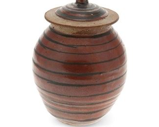 1134
Philip Cornelius
1934-2015, American
Lidded Jar
Glazed ceramic
Signed: Cornelius
7" H x 5.25" Dia.
Estimate: $400 - $600