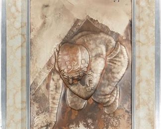 1149
A Framed Repoussé Silver Panel By Brandimarte
Circa 1970
Signed: [illegible] / Brandimarte Florence label to verso
Centering a single stylized figure in abstract format with various patinations
27.25" H x 21.5" W x 2" D
Estimate: $600 - $800