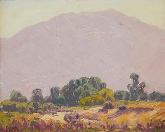 2001
Sam Hyde Harris
1889-1977, Alhambra, CA
Desert Mountain Scene
Oil on canvas board
Estate signed lower left: Sam Hyde Harris; with the certified estate inventory number 00121 and stamped statement signed by Maureen St. Gaudens verso
15.75" H x 20" W
Estimate: $1,000 - $1,500