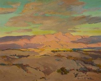 2002
Orrin A. White
1883-1969, Pasadena, CA
Desert Scene
Oil on canvas laid to board
Signed lower right: Orrin A. White
10" H x 12" W
Estimate: $700 - $900