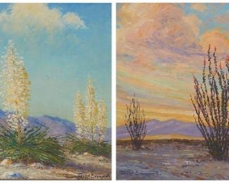 2004
Joanne Cromwell (1895-1969, Laguna Beach, CA)
Two works

"Candles of the Lord"
Oil on canvas laid to board
Signed lower right: Joanne Cromwell; titled on an artist's label affixed verso
10" H x 8" W

"Flame Tipped Ocotillo"
Oil on canvas laid to board
Signed lower left: Joanne Cromwell; titled on an artist's label affixed verso
10" H x 8" W
Estimate: $600 - $800