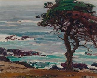 2007
Hanson Duvall Puthuff
1875-1972, Corona Del Mar, CA
Coastal Cypress
Oil on canvas laid to board
Estate stamped lower right: H. Puthuff; indistinctly dated verso
12" H x 16" W
Estimate: $2,000 - $3,000
