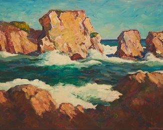 2010
Arthur Harold Knott
1883-1977, Morro Bay, CA
"Full Tide," Circa 1930s
Oil on canvas
Signed lower right: A. Harold Knott, signed again; titled and inscribed on the stretcher: "Morro Bay Cal."
30" H x 40" W
Estimate: $1,000 - $2,000
