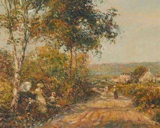 2015
Henri Plisson
1934-2006, American
Figures On A Road Into A Town
Oil on canvas
Signed lower right: Henri Plisson
15.25" H x 21.5" W
Estimate: $600 - $800