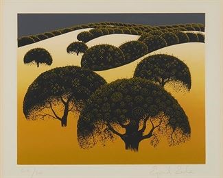 2017
Eyvind Earle
1916-2000, Carmel, CA
"Santa Ynez Oaks 1," 1974
Color screenprint on paper under glass
Edition 212/300; signed lower right: Eyvind Earle
Image: 8" H x 10 " W; Sight: 10" H x 12" W
Estimate: $500 - $700