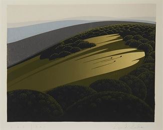 2018
Eyvind Earle
1916-2000, Carmel, CA
"Valley," 1974
Color screenprint on paper under glass
Edition 163/300; signed lower right: Eyvind Earle
Image: 8" H x 10" W; Sight: 9.5" H x 11" W
Estimate: $500 - $700