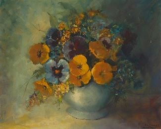 2021
Maria Del Carmen Calvo
1937-2019, Capistrano Beach, CA
Floral Still Life, 1969
Oil on canvas
Signed and dated lower right: Calvo; signed again verso
20" H x 24" W
Estimate: $500 - $700